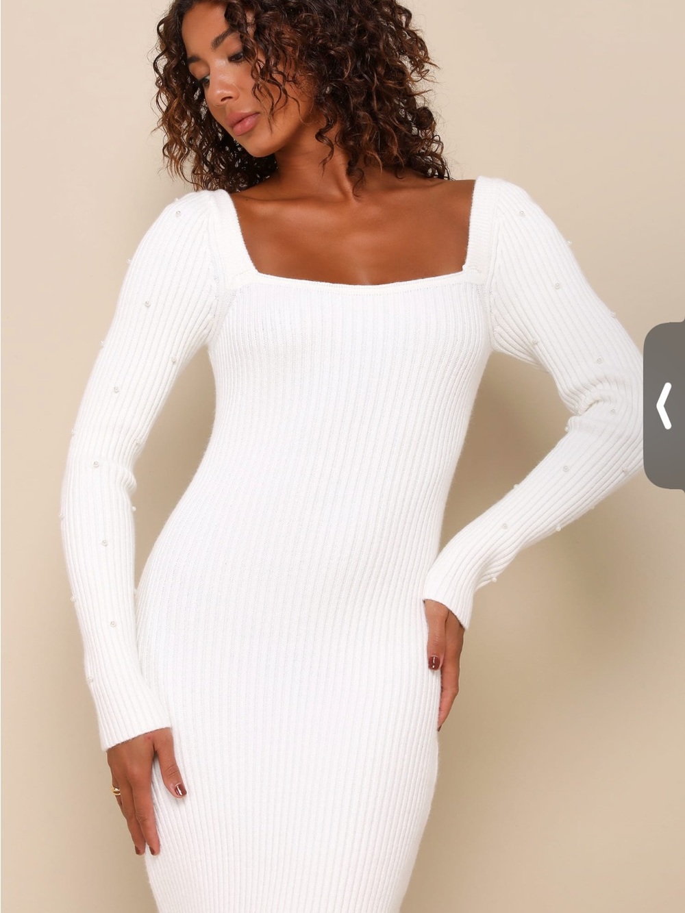 Lulu's White Ribbed Square-Neck Midi Dress with Pearl Accents
